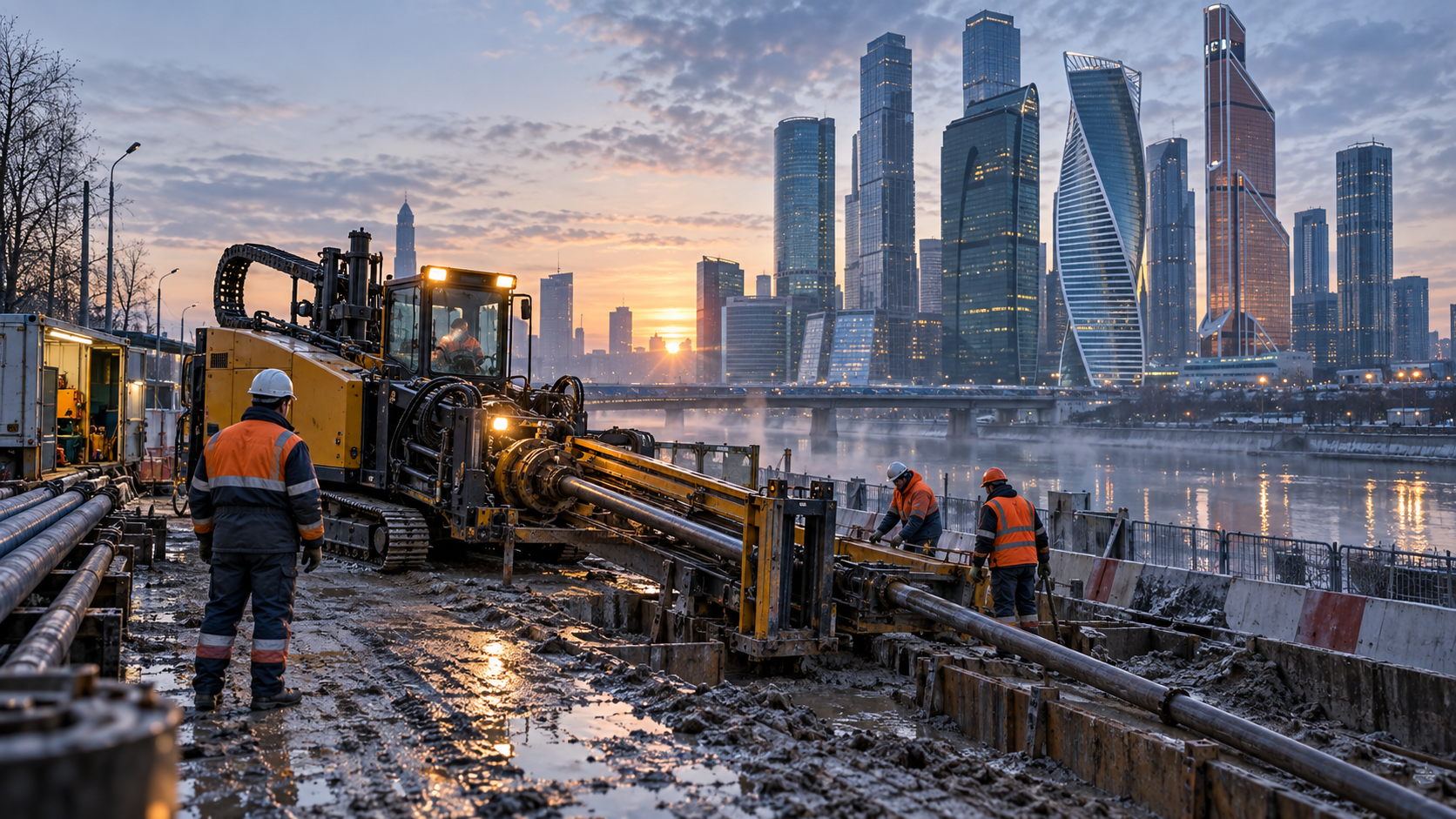 Буровая установка на фоне Москва-Сити